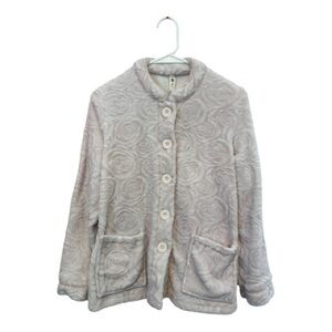 La Cera Cream Rose Print Button Down Teddy Jacket Size Small